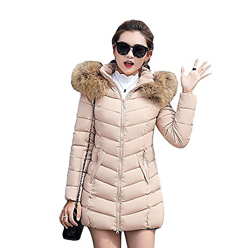 

women faux fur hooded quilted padded parka jacket winter overcoat puffer coat (l, khaki)