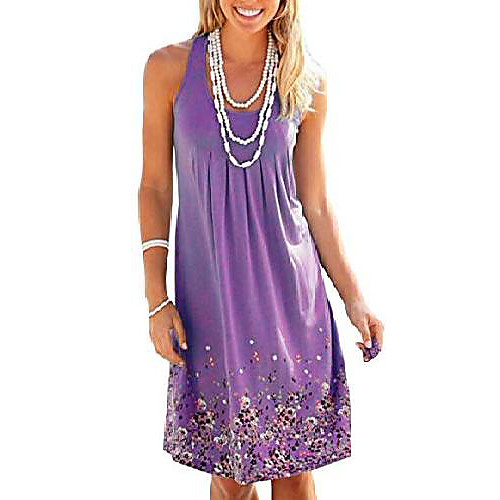 

ladies summer dress sleeveless round collar printed beach dress loose knee length dresses casual floral dress party dress (l, purple)