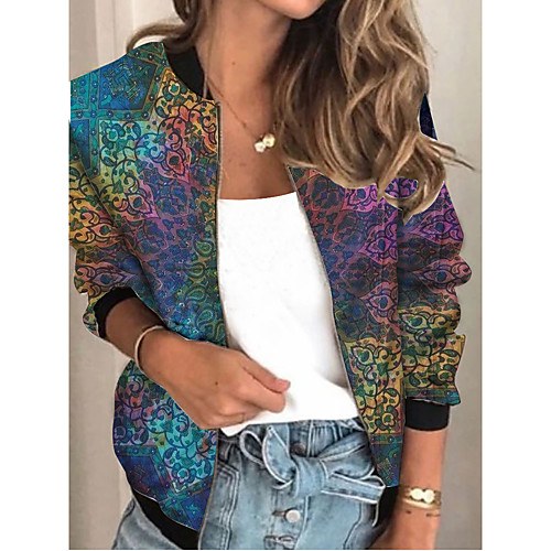 

Women's Geometric Patchwork Streetwear Spring & Fall Jacket Regular Sports Long Sleeve Rayon Coat Tops Blue