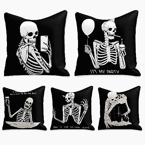 

5 pcs Linen Pillow Cover, Skull Simple Casual Square Polyester Traditional Classic