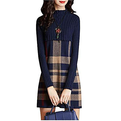 

ladies plaid sweater knitted dress vintage long sleeves turtleneck sweater knitted sweater sweater midi dress fashion pure color slim midi knitted sweater (m, dark blue)