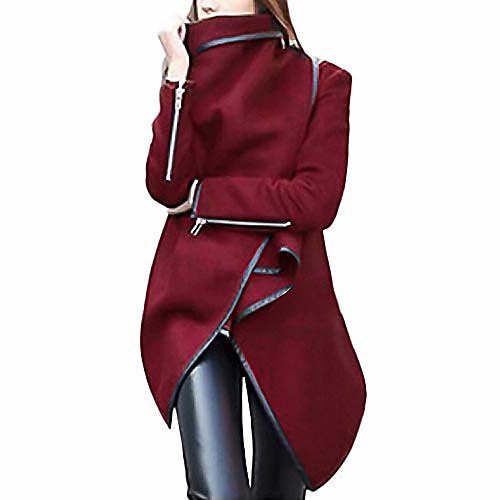 

women irregular long warm coat solid wool blend parka jacket turtleneck windbreaker outwear(wine,s)