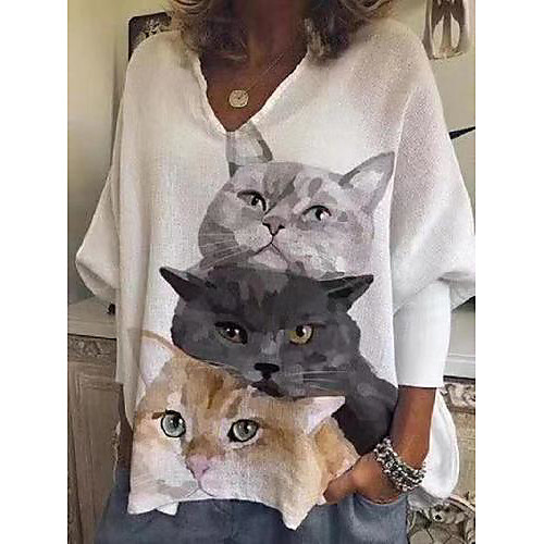 

Women's Blouse Shirt Cat Animal Print U Neck Tops Basic Top White Blue Blushing Pink