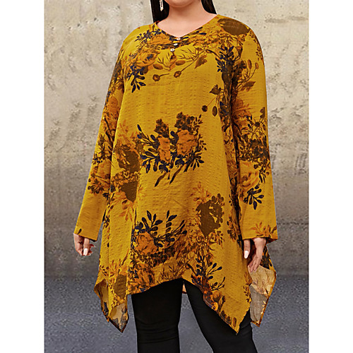 

Women's Plus Size Dresses Shirt Dress Short Mini Dress Long Sleeve Floral Print V Neck Casual Spring & Fall / Loose