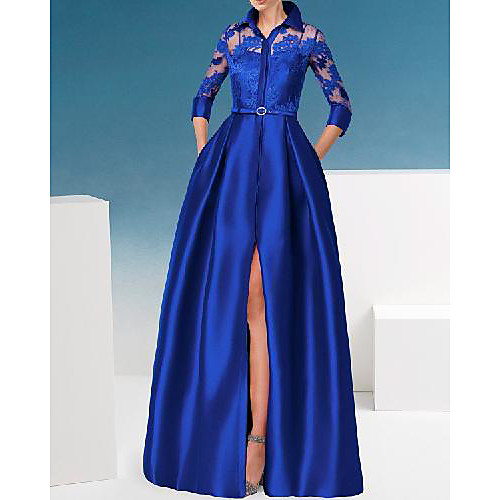 

A-Line Mother of the Bride Dress Elegant Shirt Collar Floor Length Lace Satin 3/4 Length Sleeve with Appliques Split Front 2021