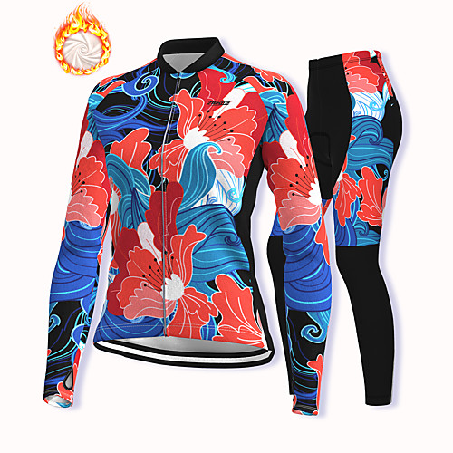 

21Grams Women's Long Sleeve Cycling Jacket with Pants Winter Fleece Spandex Blue Floral Botanical Bike Fleece Lining Warm Sports Graphic Mountain Bike MTB Road Bike Cycling Clothing Apparel