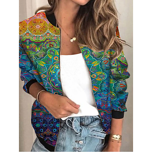 

Women's Plants Patchwork Streetwear Spring & Fall Jacket Regular Sports Long Sleeve Rayon Coat Tops Blue