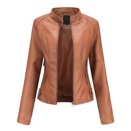 

woman's pu faux leather jackets,biker jackets with zip pockets vintage short coat for autumn spring womens biker jackets lady soft pu collar warm coat brown