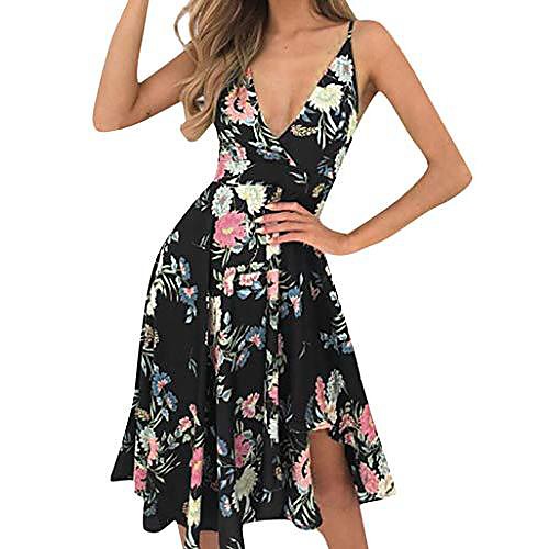 

rovinci women's casual floral printed sleeveless off shouder v-neck girls dresses boho knee-length fit and flare summer beach sundress bohemian daily party evening open back sexy dress black