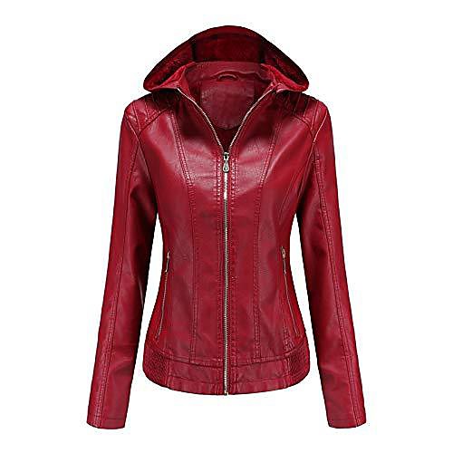 

womens hooded faux leather jacket zip up jacket, ladies jackets, biker jacket with zip pockets, vintage short coat for autumn, fashion multi-zip biker jacket red