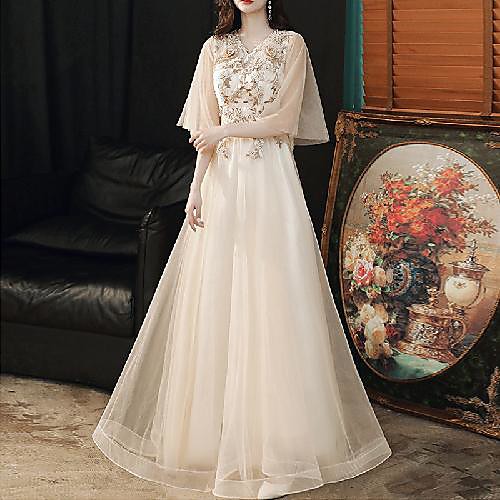 

A-Line Elegant Floral Engagement Prom Dress V Neck Half Sleeve Floor Length Tulle with Appliques 2021
