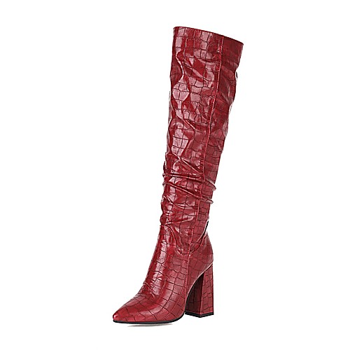 

Women's Boots Chunky Heel Pointed Toe Knee High Boots Sexy Classic Wedding Party & Evening PU Wine Black Brown