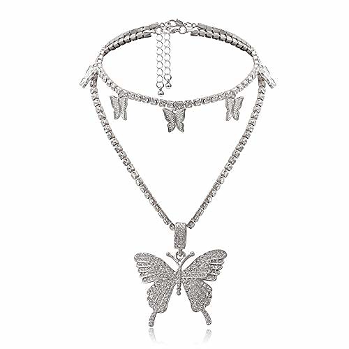 

statement big butterfly pendant necklace - rhinestone tennis chain butterfly choker set for women girls, bling bling gold silver chain iced out necklace jewelry gifts (silver set)