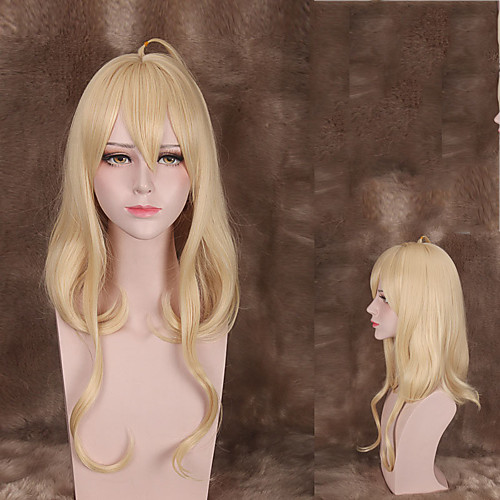 

Cosplay Costume Wig Synthetic Wig Bouncy Curl With Bangs Wig Medium Length Light golden Synthetic Hair Women's Anime Cosplay Blonde