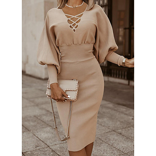

Women's Sweater Jumper Dress Midi Dress Khaki Long Sleeve Solid Color Patchwork Fall Winter V Neck Casual 2021 S M L XL XXL