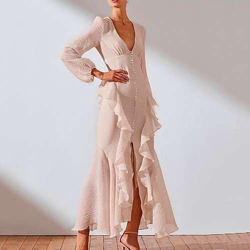 

Women's A Line Dress Maxi long Dress White Red Green Long Sleeve Solid Color Patchwork Fall Spring V Neck Elegant Boho vacation dresses Lantern Sleeve 2021 S M L