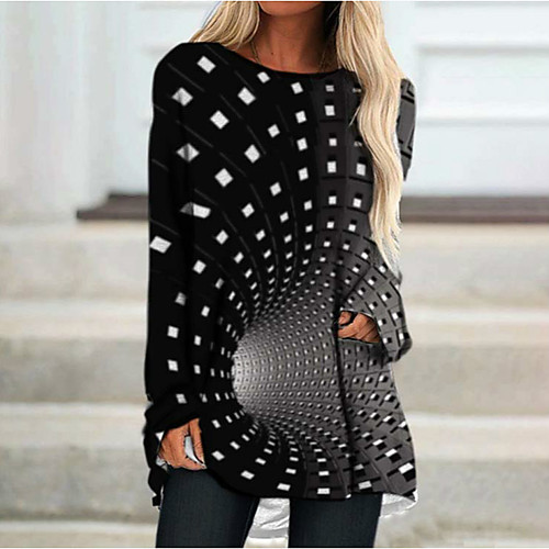 

Women's Shift Dress Short Mini Dress Black Long Sleeve Geometric Print Spring Round Neck Casual 2021 M L XL XXL 3XL