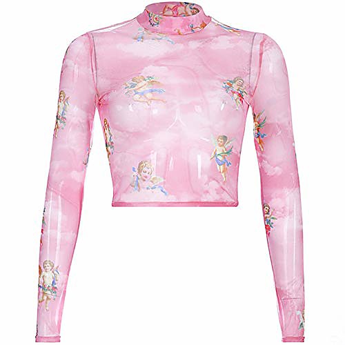 

women's long sleeve punk cupid angel print sheer mesh crop top tee see through mock neck t shirt (pink-long sleeve, l)