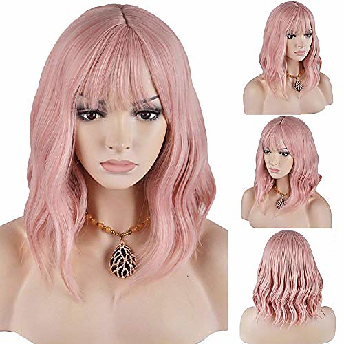 

pink curly shoulder length women synthetic wig hairpiece with bangs for cosplay women drag queen makeover drag artists wig women cosplay party hairpiece gift