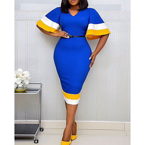 

Women's Plus Size Dresses Sheath Dress Knee Length Dress Short Sleeve Color Block Ruffle Patchwork V Neck Casual Spring & Summer / Slim