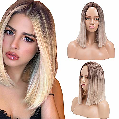 

ombre blonde short bob wig synthetic silky straight wigs heat resistant fiber wig for women girls(ombre blonde,14inch)