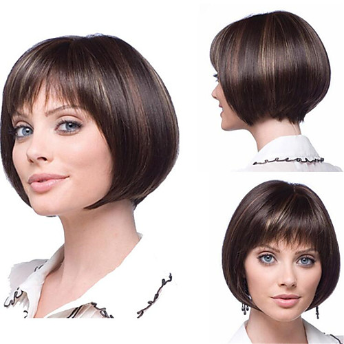 

Synthetic Wig Natural Straight Neat Bang Wig Short Brown Synthetic Hair Women's Soft Classic Brown
