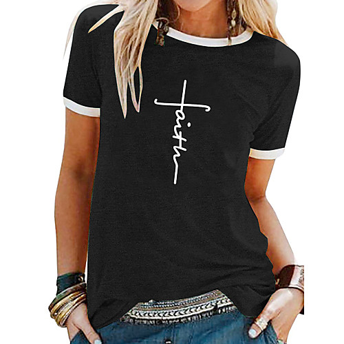 

Women's T-shirt Letter Patchwork Print Round Neck Tops Basic Basic Top White Black Blue