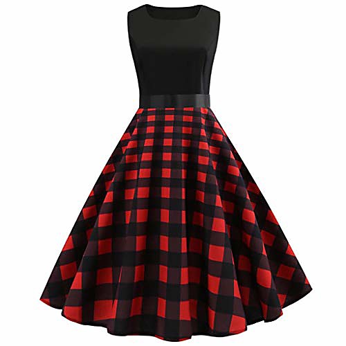 

evening party dress, women's vintage plaid print dress sleeveless a-line round neck pleated dresses ladies retro checked hepburn rockabilly cocktail party prom swing dress red