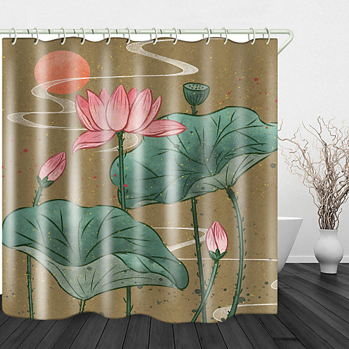 

Vintage lotus Background Print Waterproof Fabric Shower Curtain for Bathroom Home Decor Covered Bathtub Curtains Liner Includes with Hooks