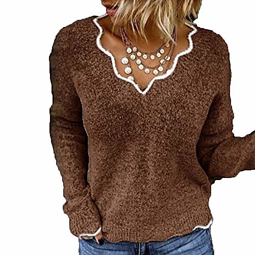 

women knitted sweater winter autumn long sleeve warm pullover sweater v-neck striped tops jumper brown l