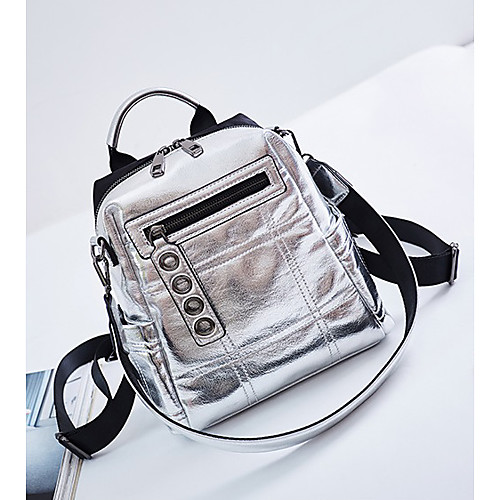 

Women's Oxford PU School Bag Mini Backpack Large Capacity Waterproof Zipper Color Block Daily Outdoor Backpack Silver