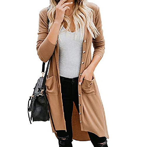 

women sweater caridigan solid color long sleeve pockets knit open front caridgan coat