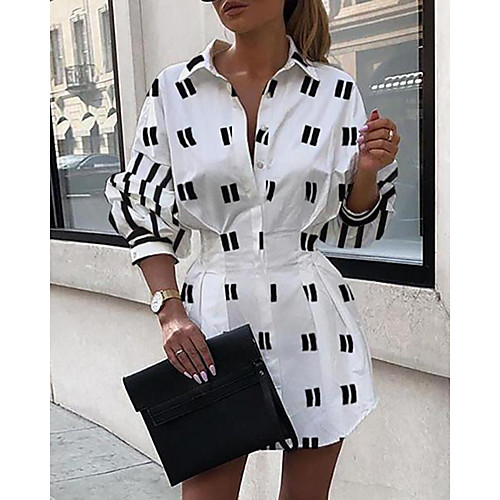 

Women's Shirt Dress Short Mini Dress White Black Long Sleeve Print Print Fall Summer Shirt Collar Elegant Casual Lantern Sleeve Cotton 2021 S M L XL XXL