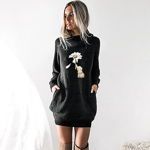 

Women's T shirt Dress Floral Graphic Prints Animal Long Sleeve Cowl Neck Tops Basic Top Black Wine Camel