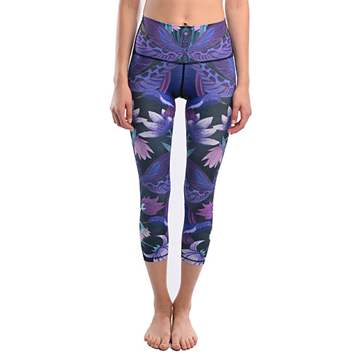 

Women's Basic Chino Breathable Comfort Daily Gym Leggings Pants Plants Floral Calf-Length Patchwork Print Purple