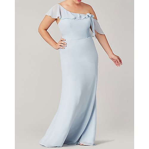 

Sheath / Column One Shoulder Floor Length Polyester Bridesmaid Dress with Ruffles