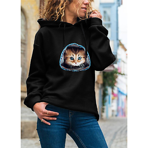 

Women's Pullover Hoodie Sweatshirt Cat Graphic 3D Daily Basic Casual Hoodies Sweatshirts White Black Gray