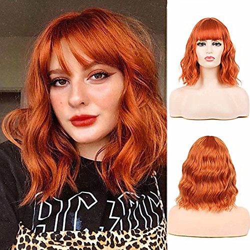 

Synthetic Wig Bouncy Curl With Bangs Wig Medium Length Azure PinkRed Orange sepia Synthetic Hair Women's Soft Fluffy Mixed Color