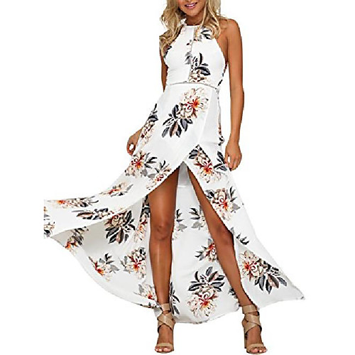 

ladies chiffon maxi dress elegant flowers sleeveless backless split long dress beach dress white