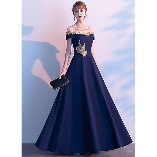 

A-Line Sparkle Elegant Prom Formal Evening Dress Illusion Neck Sleeveless Floor Length Stretch Satin with Appliques 2021