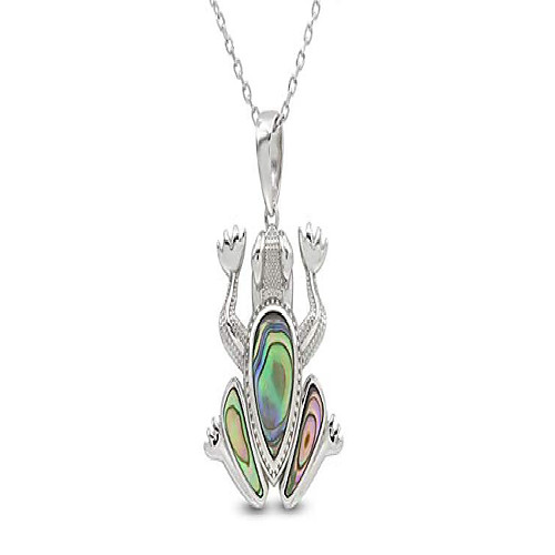 

14k white gold over sterling silver natural abalone frog charm pendant necklace jewelry gift