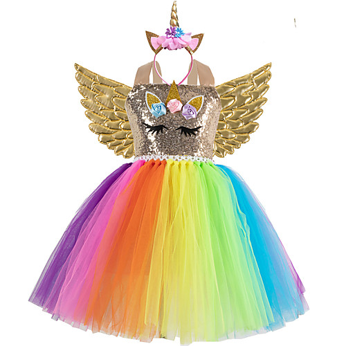 

Unicorn Cosplay Costume Costume Girls' Movie Cosplay Retro Tutus Golden Rainbow Dress Wings Headwear Christmas Halloween Carnival Polyester / Cotton Polyester