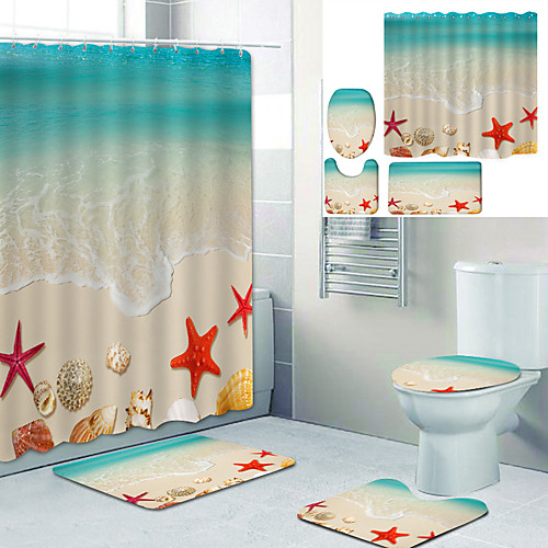

Starfish On The Beach Printed Bathtub Curtain Liner Covered With Waterproof Fabric Shower Curtain For Bathroom Home Decoration With Hook Floor Mat And Four-piece Toilet Mat
