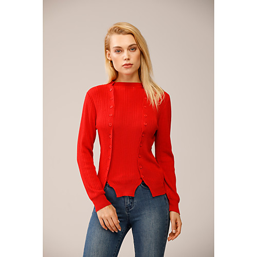 

Women's Knitted Button Solid Color Pullover Acrylic Fibers Long Sleeve Sweater Cardigans Turtleneck Fall Winter Red