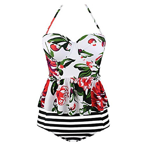 

vintage cute floral print ruffles tankini top slim waist stripe bikini set white