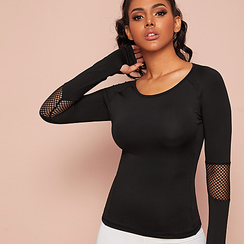 

Women's Sweatshirt Yoga Top Thumbhole Patchwork Fashion Black Nylon Mesh Yoga Fitness Gym Workout Top Long Sleeve Sport Activewear Breathable Quick Dry Comfortable Stretchy