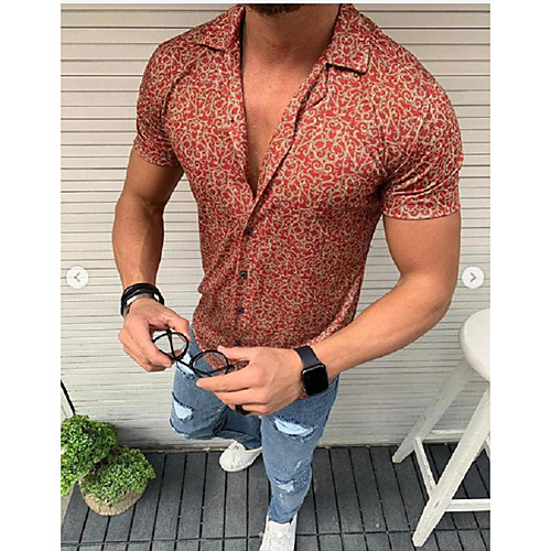 

Men's Shirt Other Prints Color Block Short Sleeve Beach Tops Beach White Red Khaki