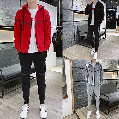 

Men's 2 Piece Jogging Suit Athletic Long Sleeve 2pcs Front Zipper Spandex Breathable Sweat Out Sweat wicking Fitness Jogging Sportswear Solid Colored Outfit Set Black Red Grey Activewear Micro-elastic