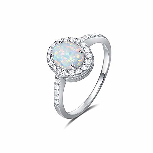 

opalmaster 925 sterling silver white created opal oval rings gold plated dainty engagement rings for women, size 7