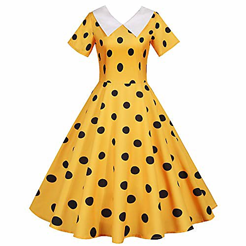 

women's solid shirt collar polka dots 1950s retro vintage dress yellow m